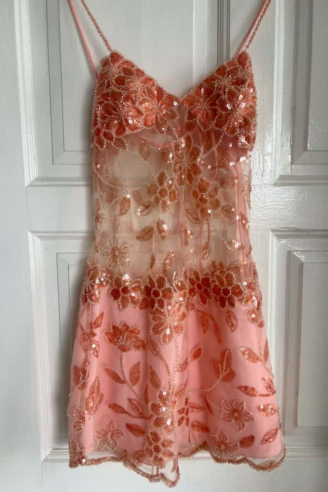 Straps Pink Sheer Beaded Fitted Mini Dress