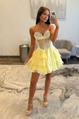 Yellow Corset Chiffon A-line Tiered Short Party Dress