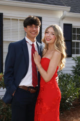 Red Strapless 3D Jacquard Fitted Evening Gown