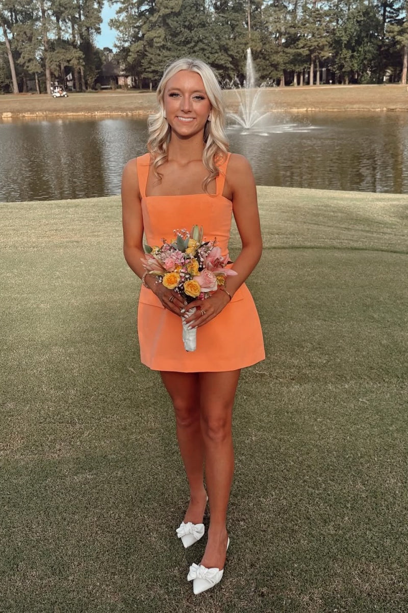 Orange Square Neck A-Line Mini Dress