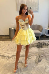 Yellow Corset Chiffon A-line Tiered Short Party Dress