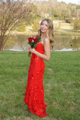 Red Strapless 3D Jacquard Fitted Evening Gown