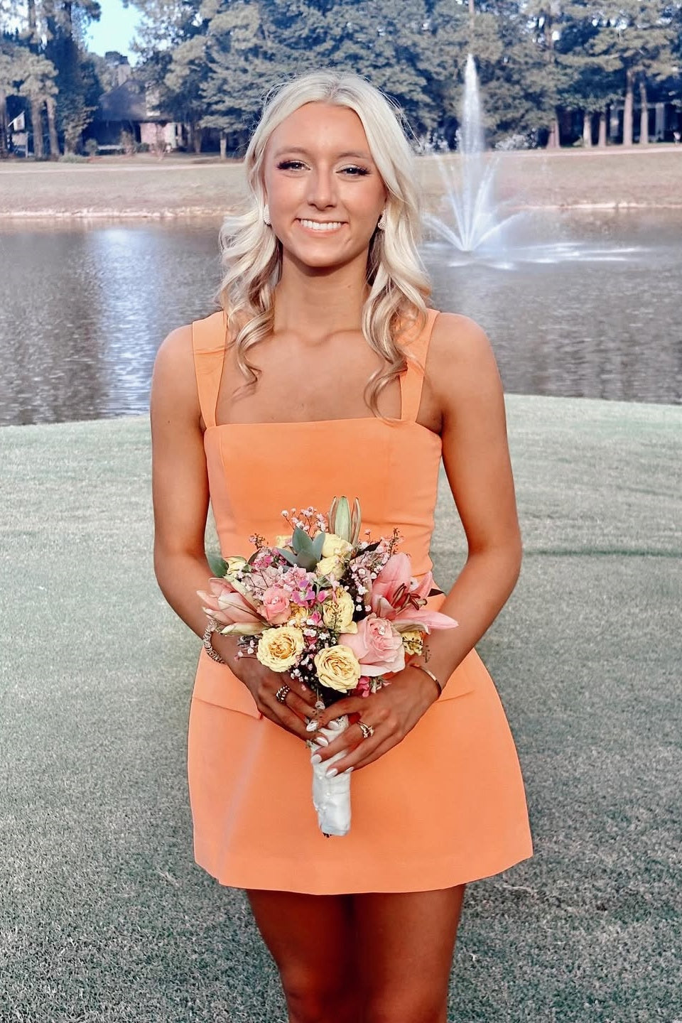 Orange Square Neck A-Line Mini Dress