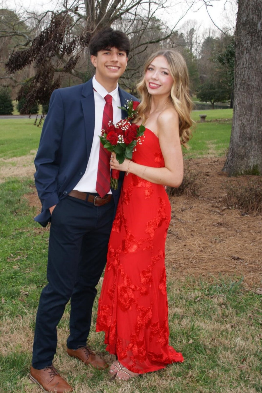 Red Strapless 3D Jacquard Fitted Evening Gown