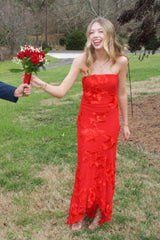 Red Strapless 3D Jacquard Fitted Evening Gown