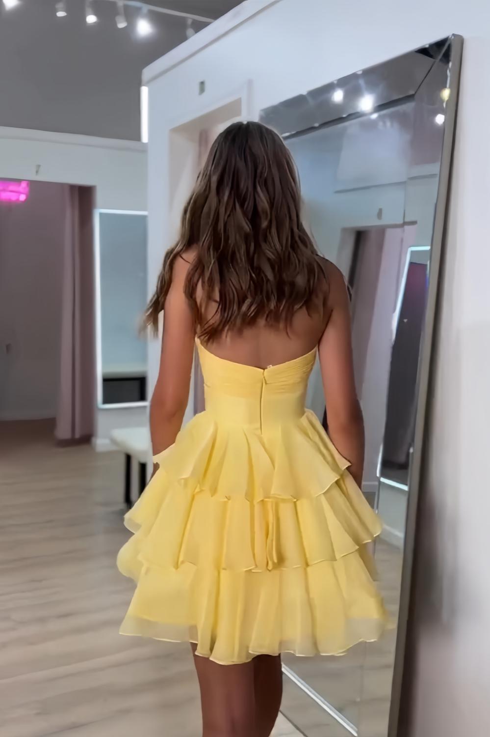 Yellow Chiffon Keyhole A-line Short Tiered Dress