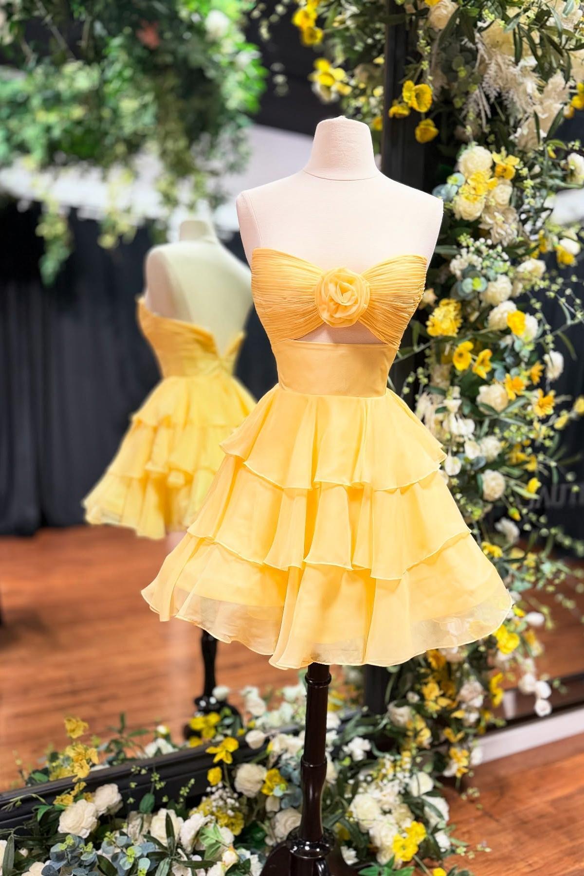 Yellow Chiffon Keyhole A-line Short Tiered Dress