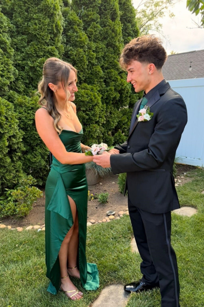 Green Spaghetti Strap A-Line Gown