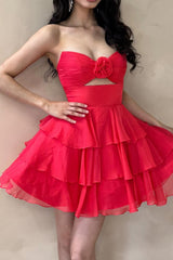 Yellow Chiffon Keyhole A-line Short Tiered Dress