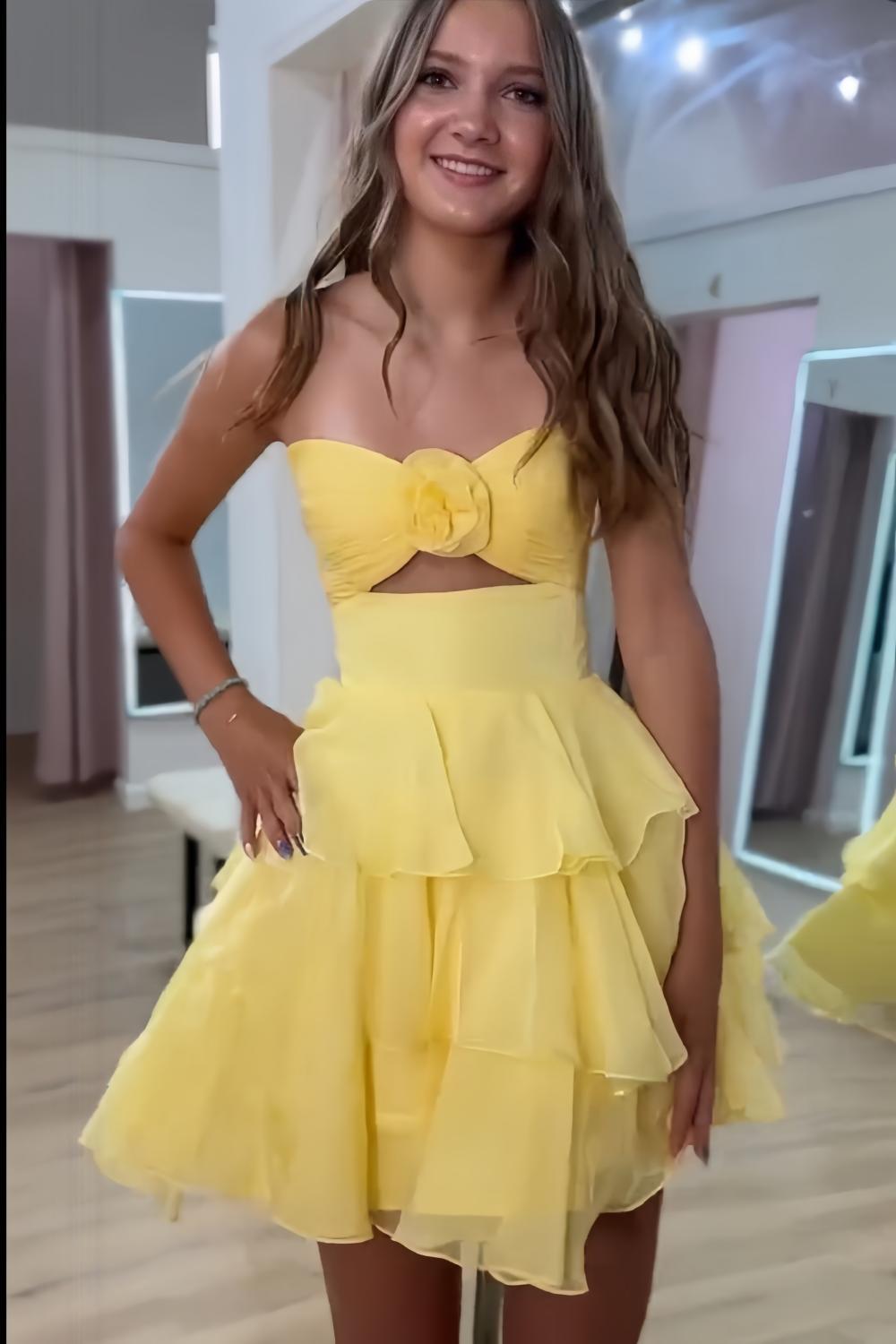 Yellow Chiffon Keyhole A-line Short Tiered Dress