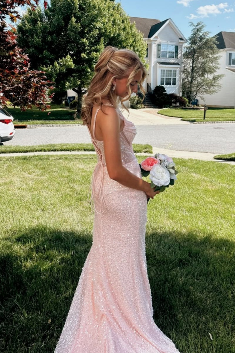 Pink Sequin Fitted Slit Gown