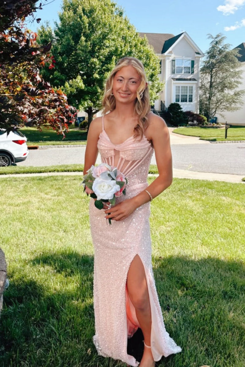 Pink Sequin Fitted Slit Gown