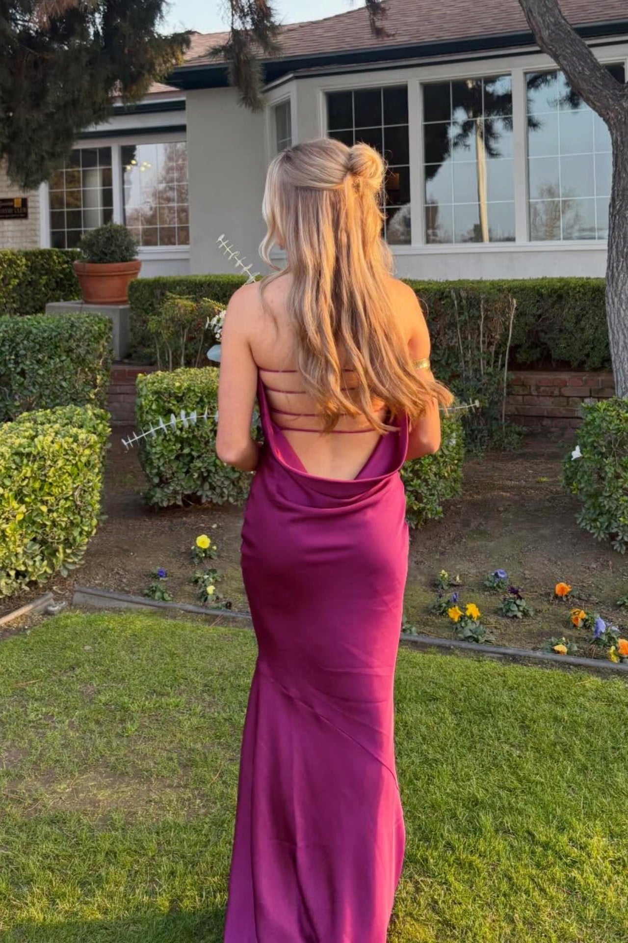 Burgundy Satin Strapless Fitted Maxi Dress