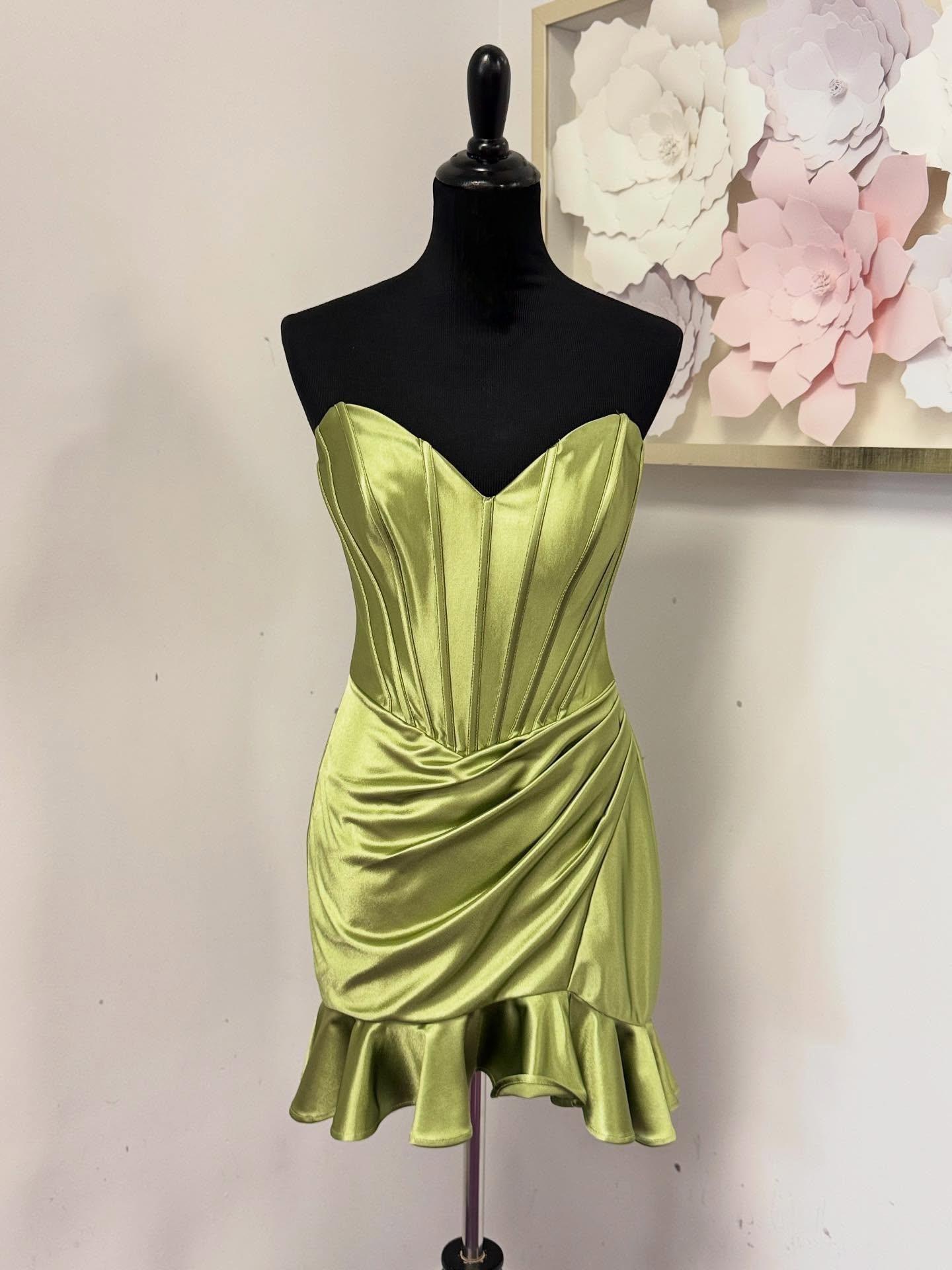 Strapless Sage Green Mermaid Ruffle Short Dress