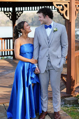 Blue Satin Strapless A-Line Dress