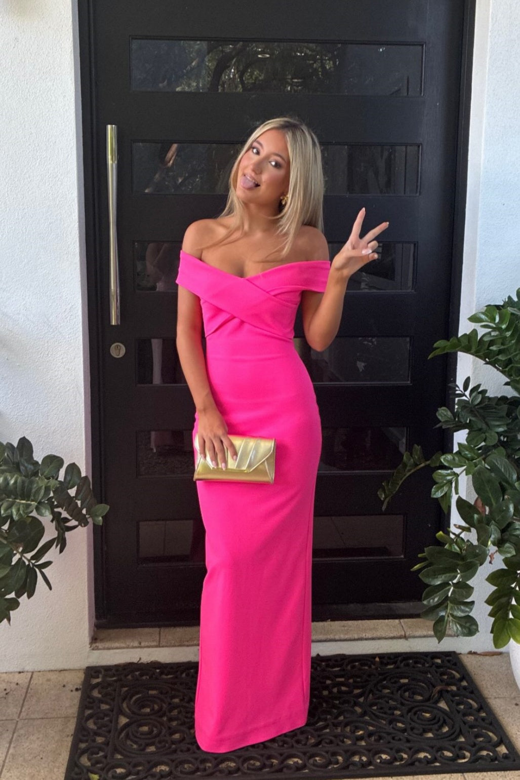 Fuchsia Satin Off-the-Shoulder Fitted Dress