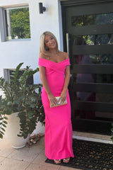 Fuchsia Satin Off-the-Shoulder Fitted Dress
