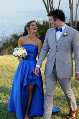 Blue Satin Strapless A-Line Dress