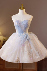 Strapless White and Blue Butterfly Sparkle Tulle Dress