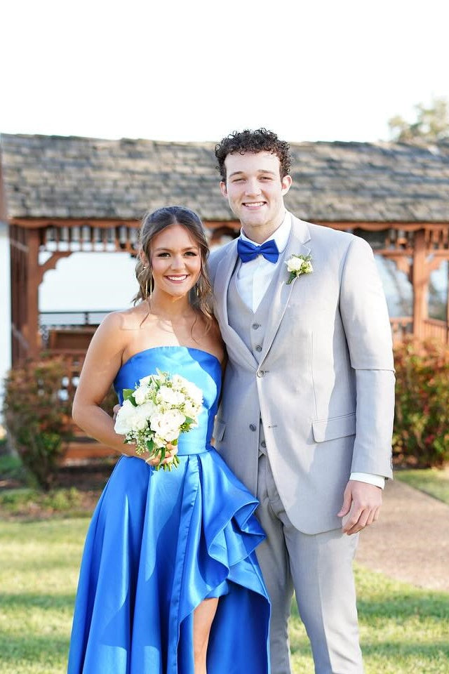 Blue Satin Strapless A-Line Dress