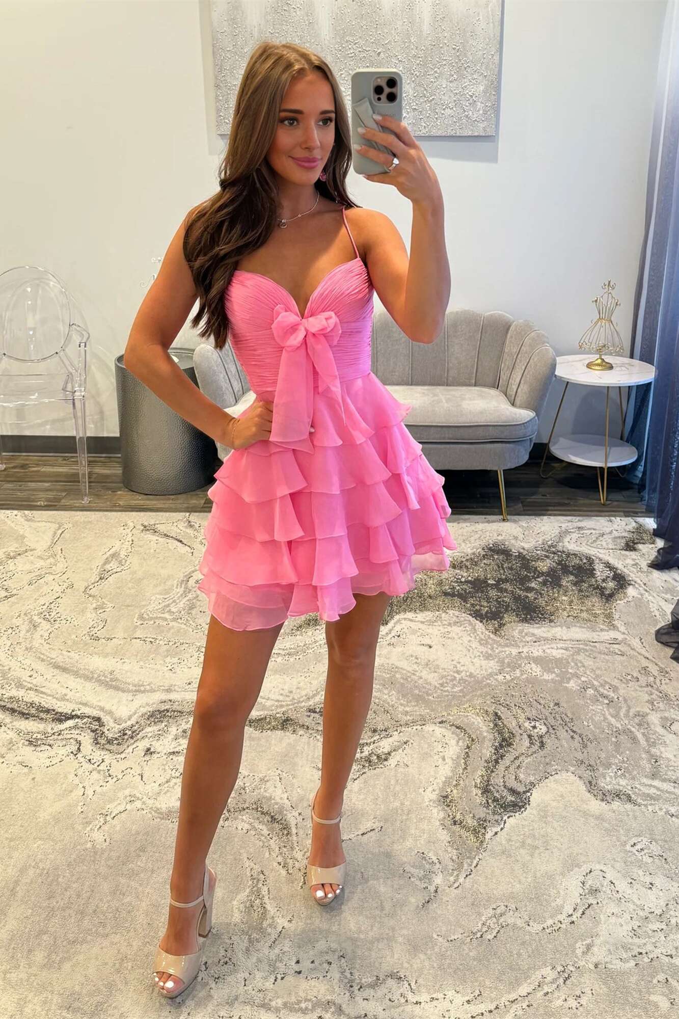 Straps Green Chiffon Ruffle A-line Short Dress