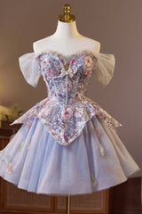 Off the Shoulder Lilac Floral Sparkle Tulle Short Dress
