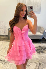 Straps Green Chiffon Ruffle A-line Short Dress
