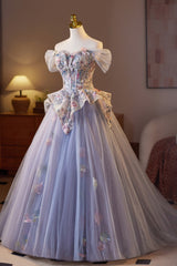 Off the Shoulder Lilac Floral Sparkle Tulle Long Dress