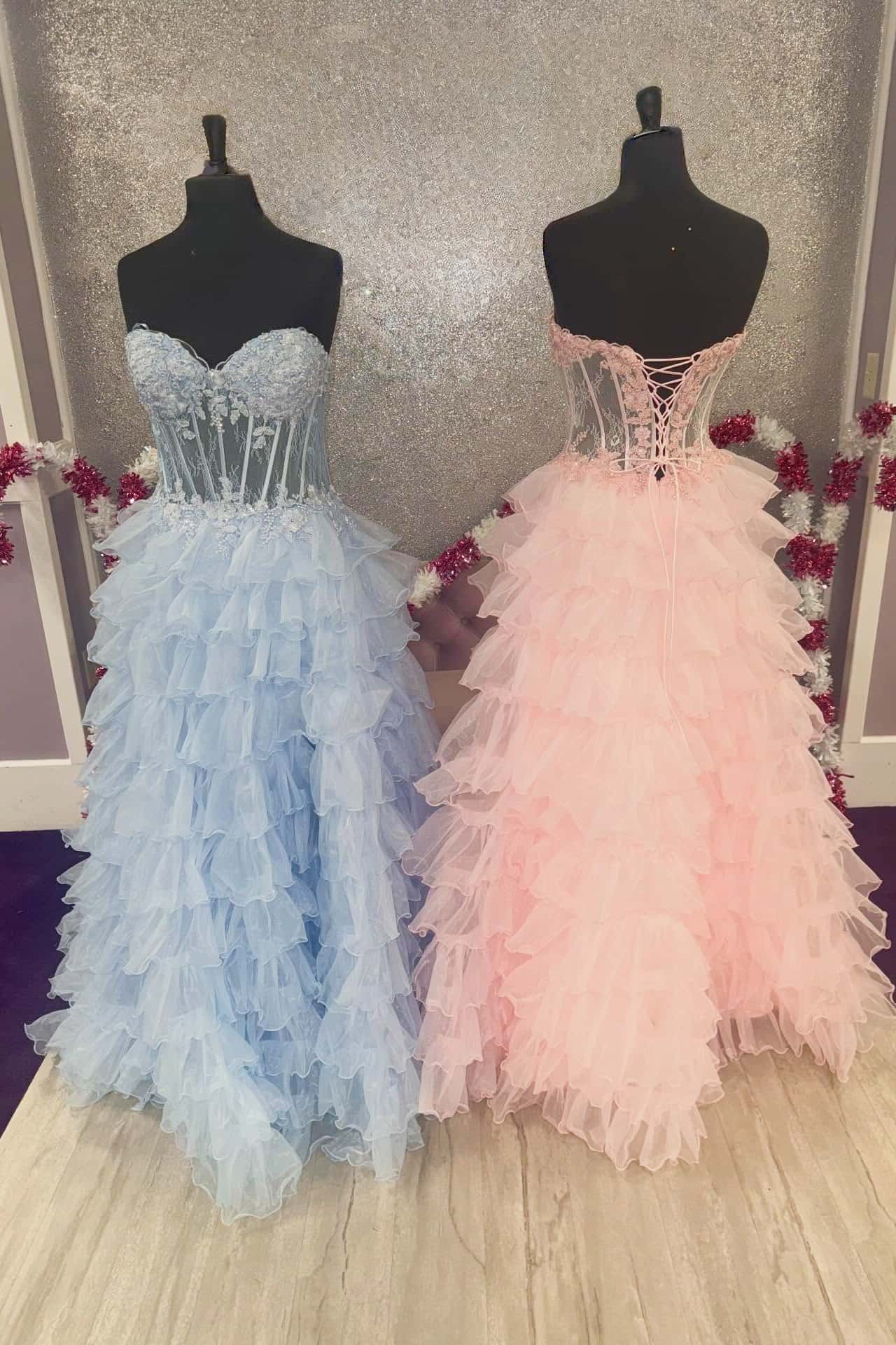 Blue Sweetheart Appliques Ruffle A-line Formal Gown