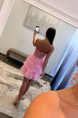Strapless Pink Corset A-line Short Ruffle Dress