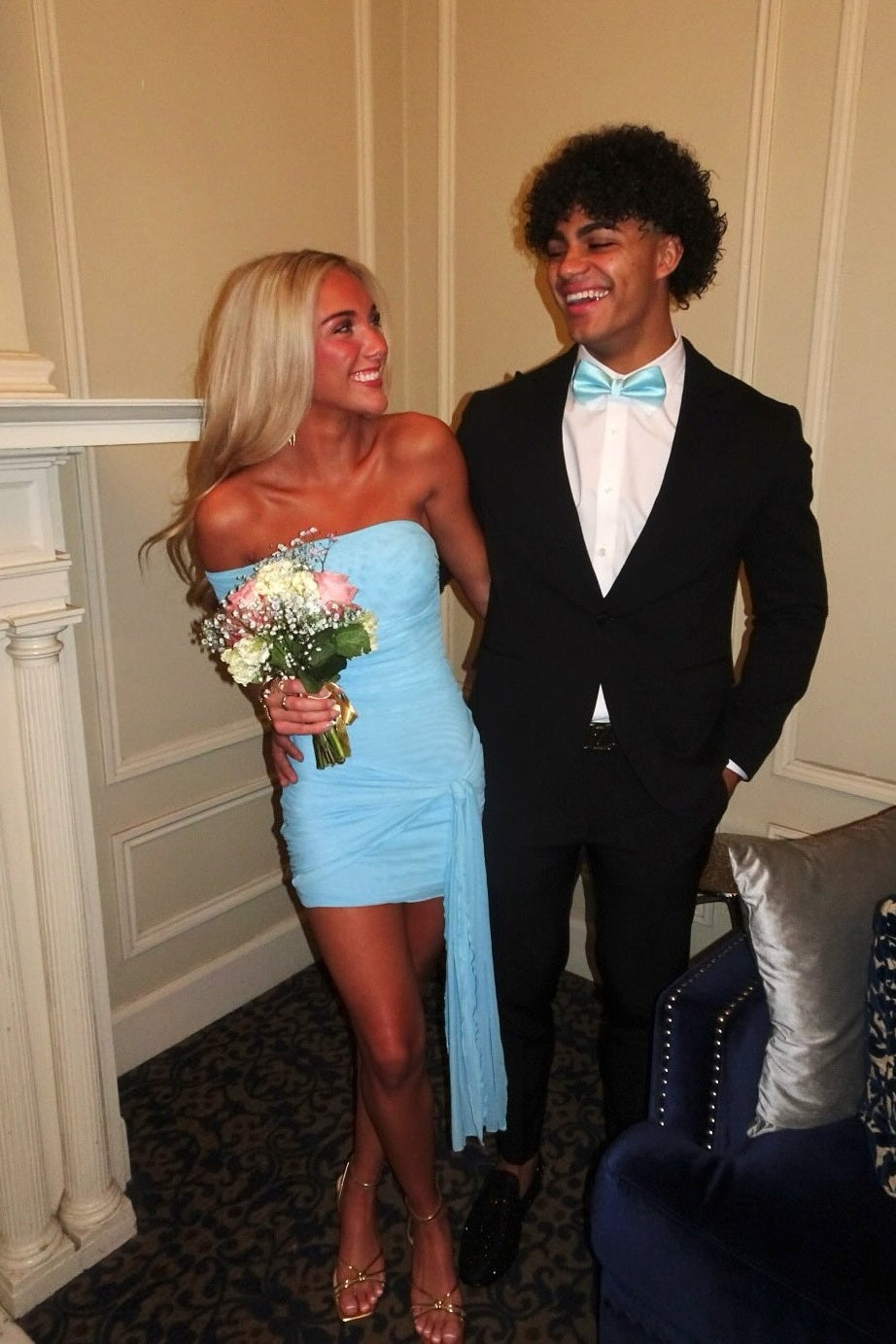 Blue Tie-up One-shoulder Mini Dress