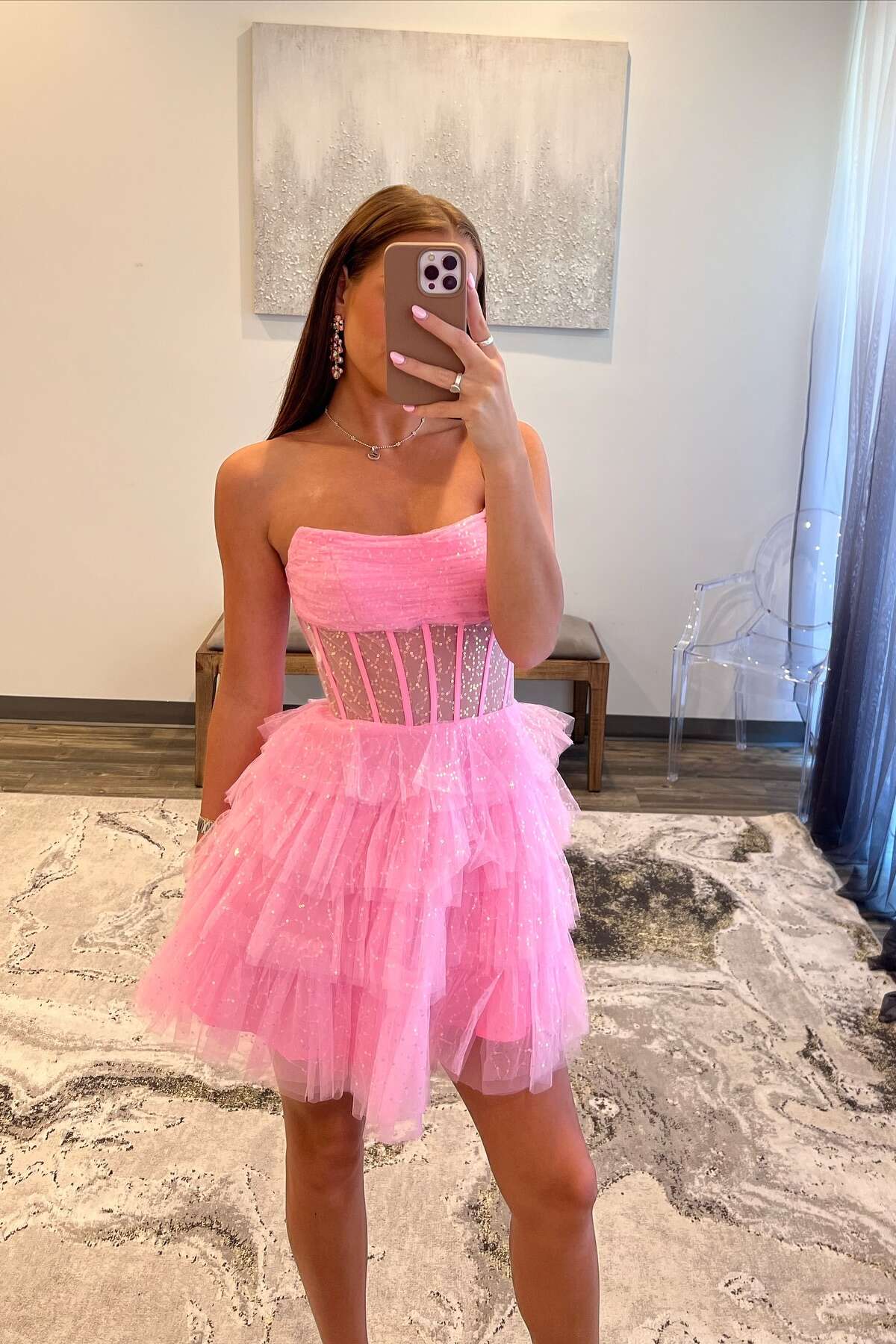 Strapless Pink Corset A-line Short Ruffle Dress