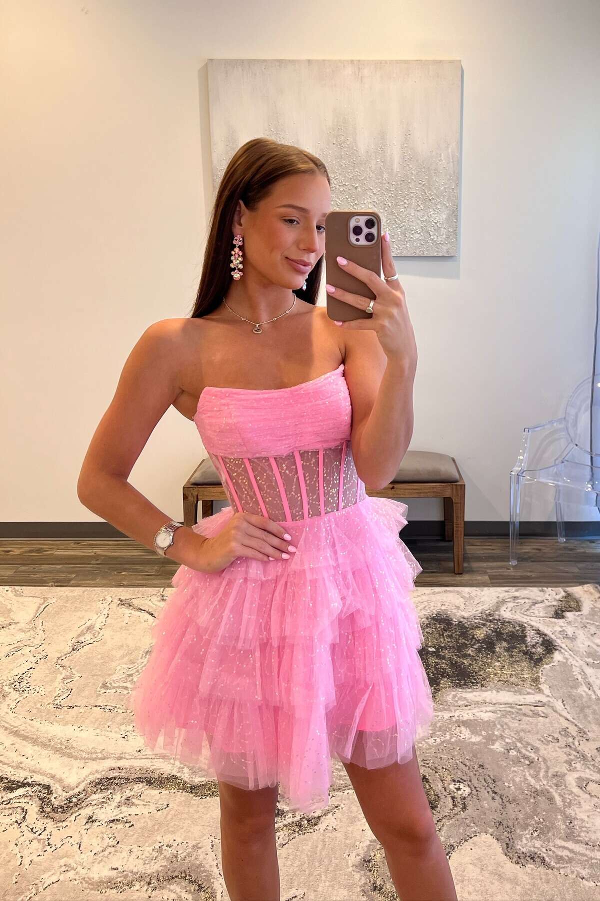 Strapless Pink Corset A-line Short Ruffle Dress