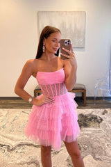 Strapless Pink Corset A-line Short Ruffle Dress
