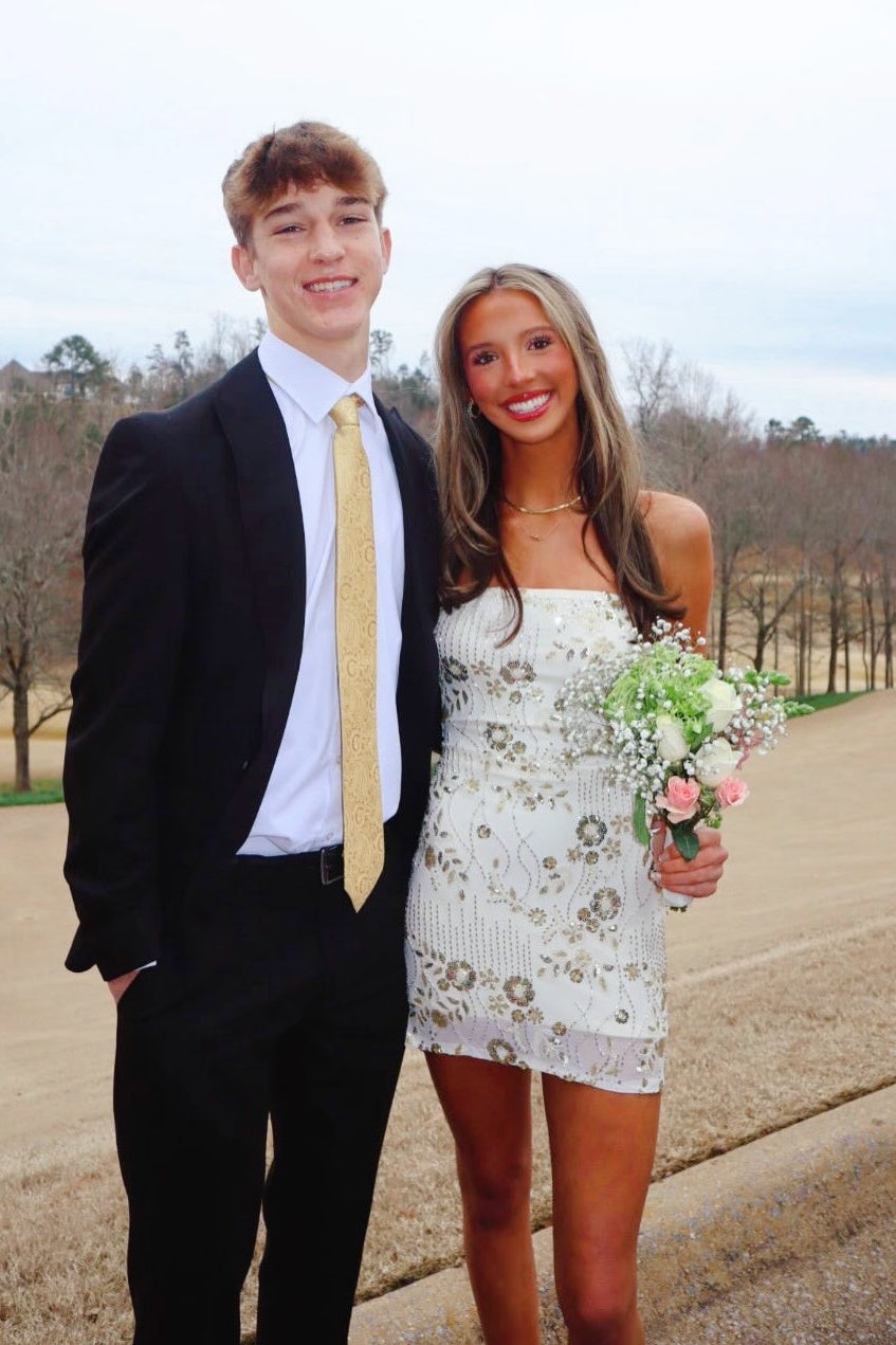 Light Yellow Strapless Sequin Floral Mini Dress