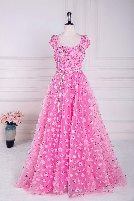 Pink 3D Floral Long Formal Dress