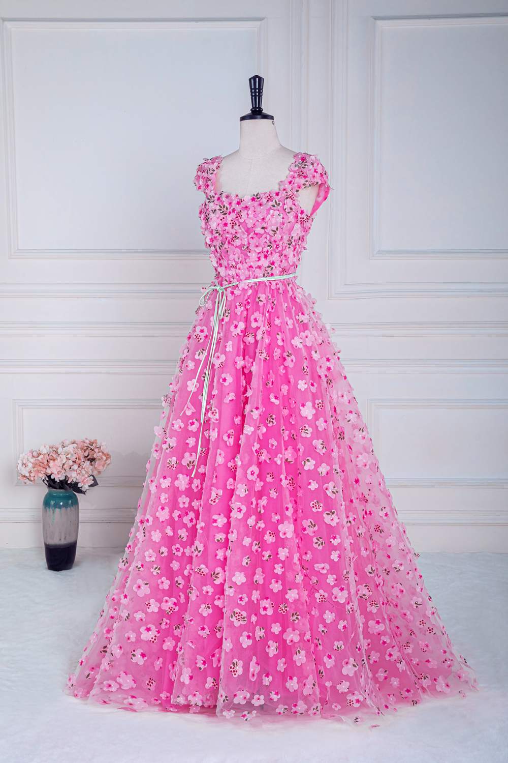 Pink 3D Floral Long Formal Dress