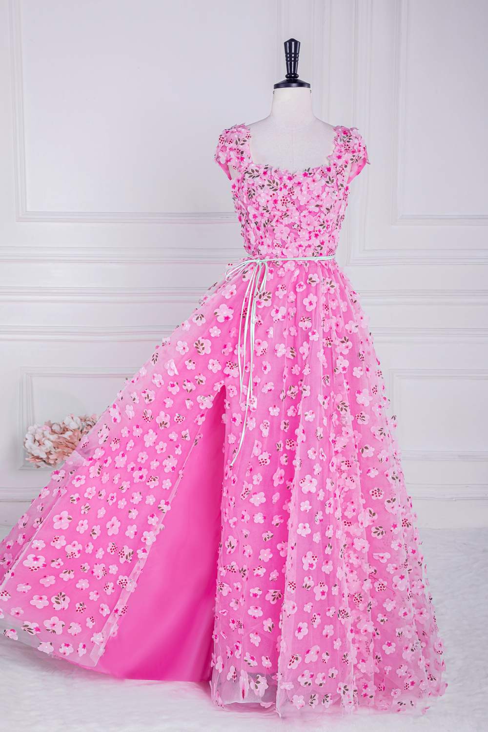 Pink 3D Floral Long Formal Dress