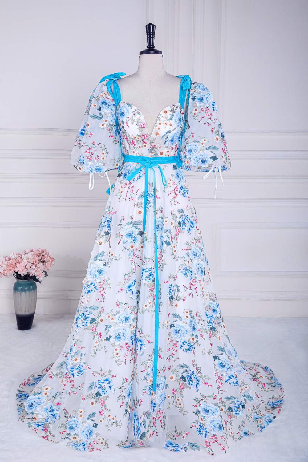 Short Puff Sleeves Blue Floral Long Formal Dress