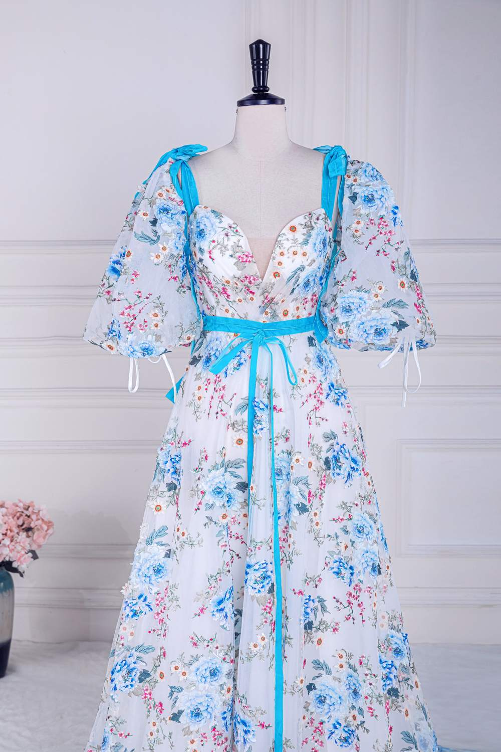 Short Puff Sleeves Blue Floral Long Formal Dress