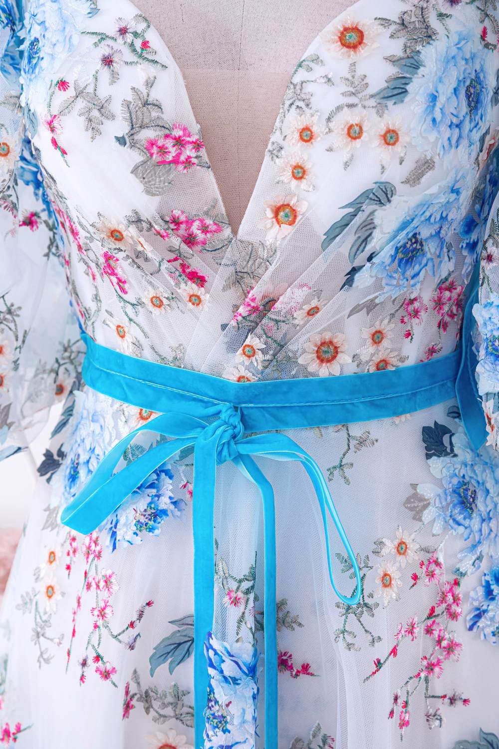 Short Puff Sleeves Blue Floral Long Formal Dress