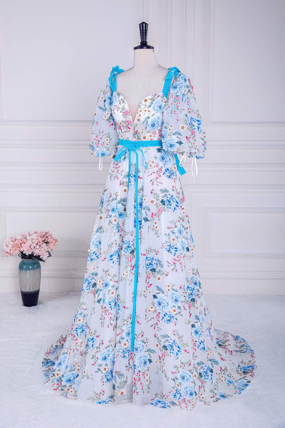 Short Puff Sleeves Blue Floral Long Formal Dress