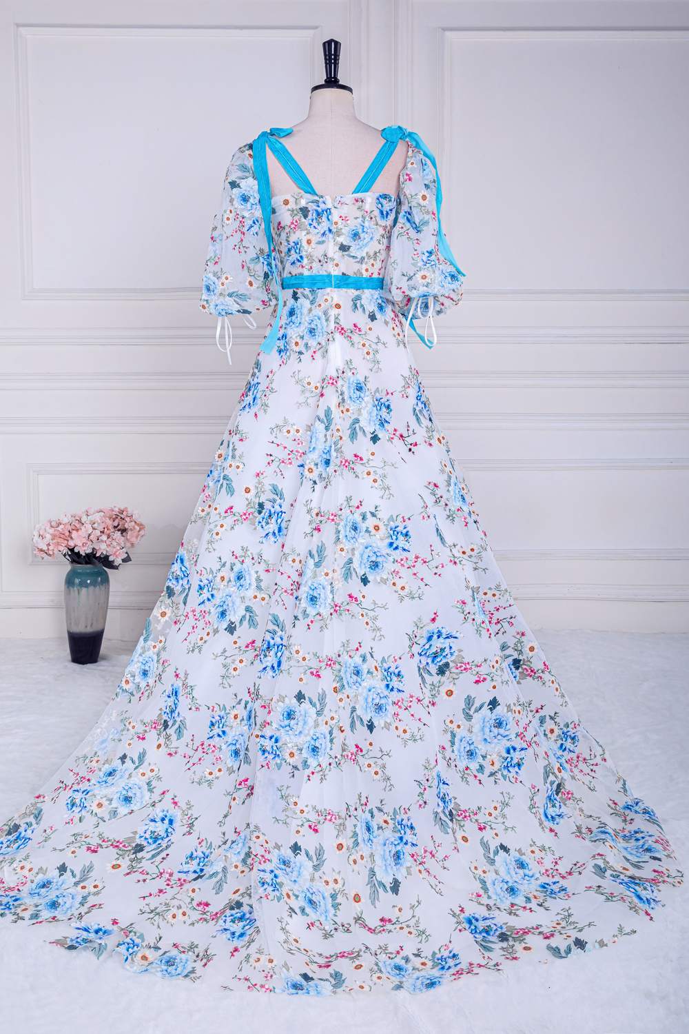 Short Puff Sleeves Blue Floral Long Formal Dress