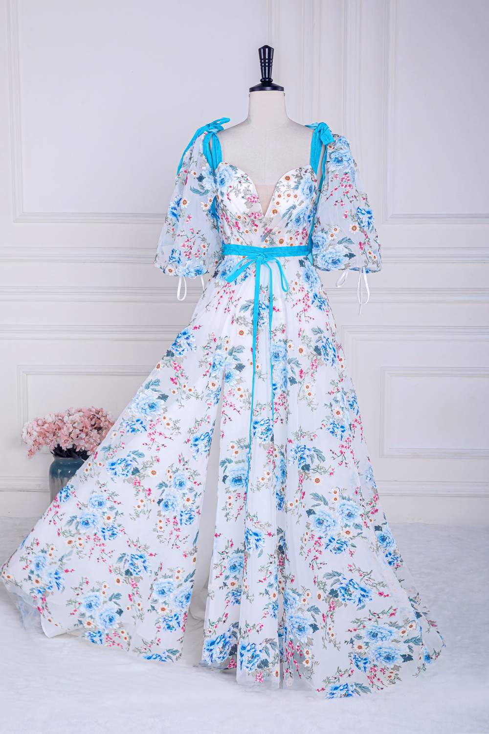 Short Puff Sleeves Blue Floral Long Formal Dress