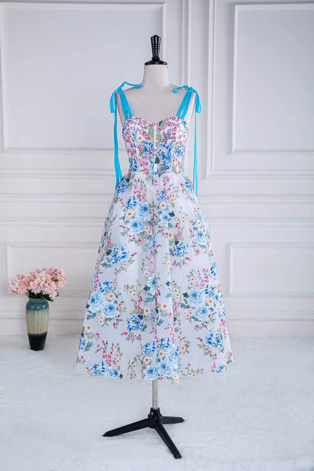 Straps Blue Floral Tea Length Party Gown