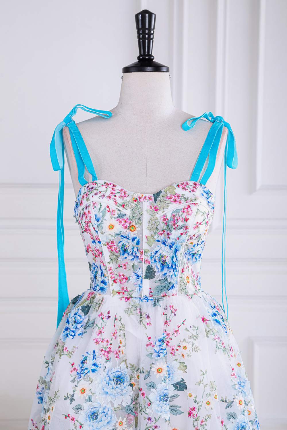 Straps Blue Floral Tea Length Party Gown