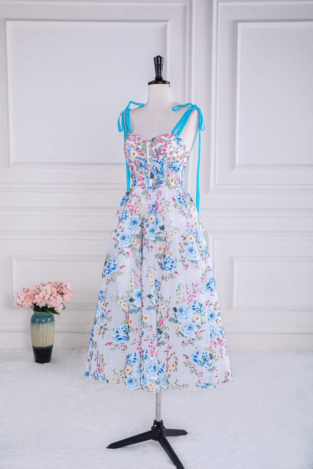 Straps Blue Floral Tea Length Party Gown