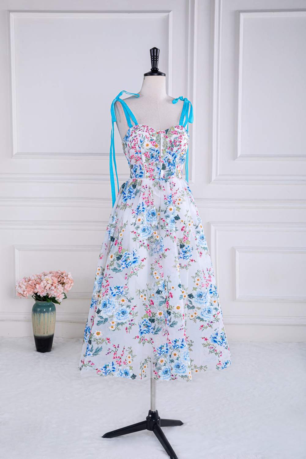 Straps Blue Floral Tea Length Party Gown