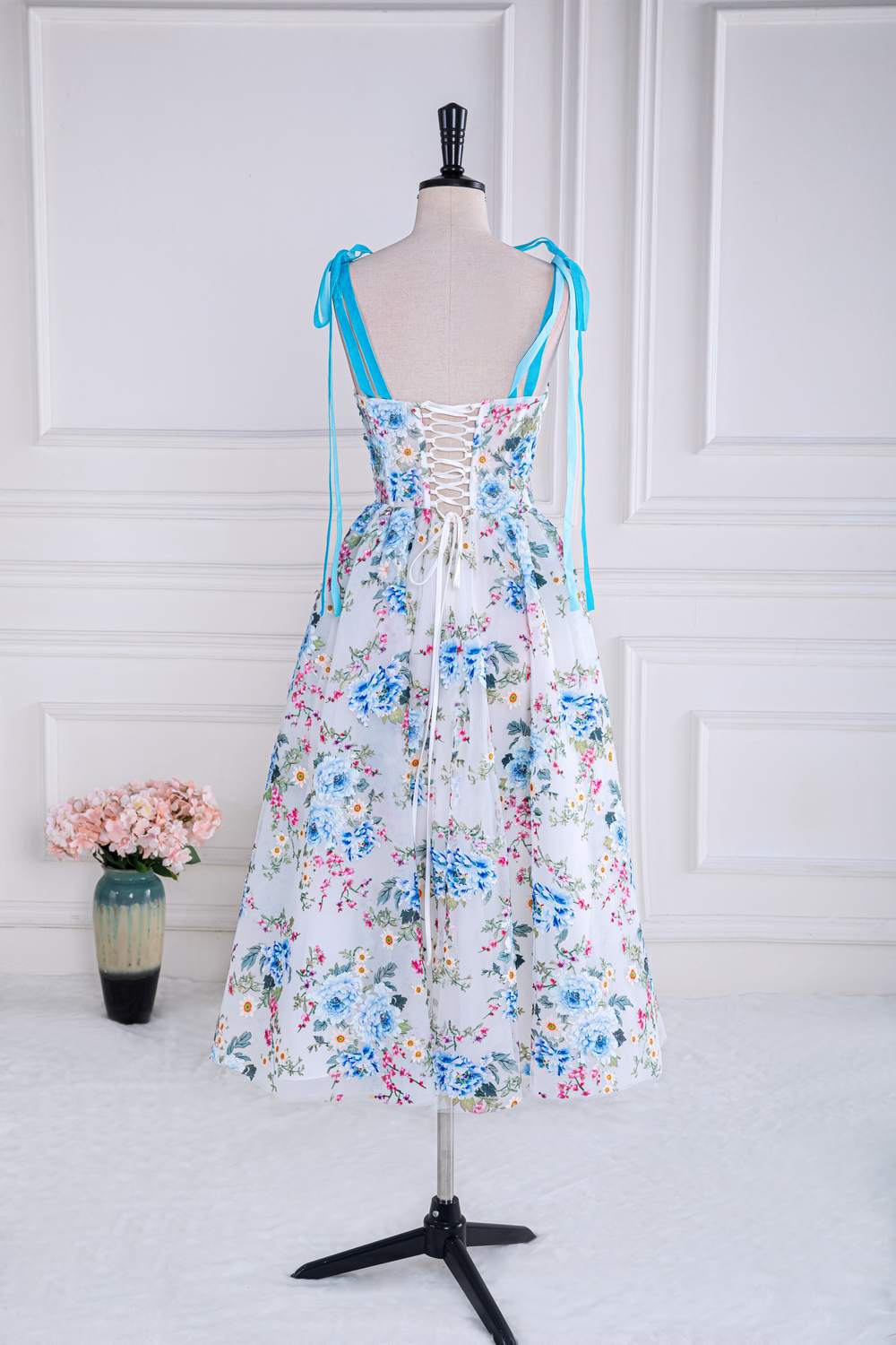 Straps Blue Floral Tea Length Party Gown