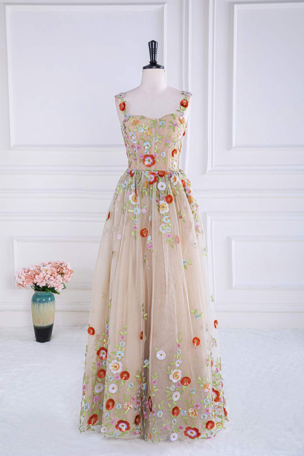 Champagne Sequin Floral A-line Formal Gown